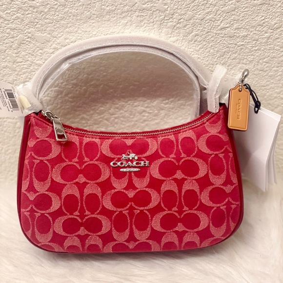 Coach Teri Shoulder Crossbody Bag In Signature Denim CDE43 Denim Silver/True Red